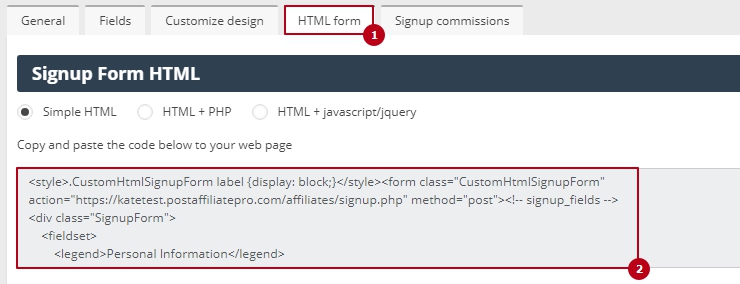 В открывшемся окне можно настраивать вид отображения формы, комиссию, далее перейти на вкладку "HTML form" и скопировать html код - форма для регистрации.