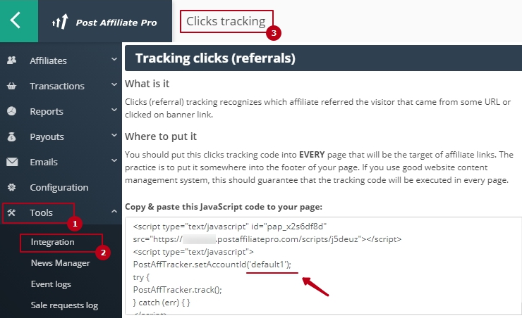AccountID - пишем default1, можно проверить на самом деле это слово в личном кабинете Post Affiliate Pro, пункт меню Tools-> Integration-> Clicks tracking (Инструменты -> Интеграция->Отслеживание переходов ) 