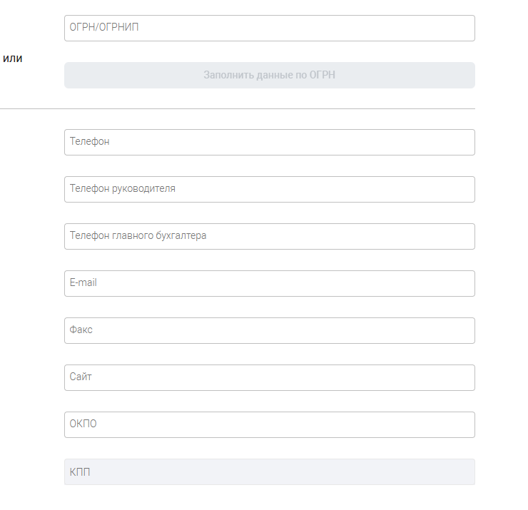 Вид полей для заполнения при использовании ОГРН