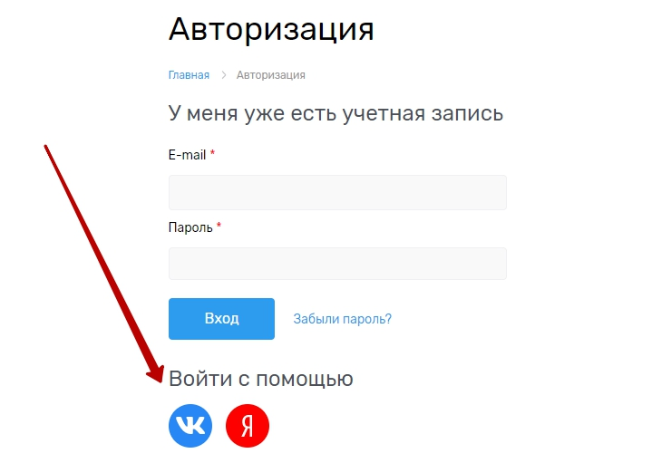 Осуществляется переход на страницу Авторизации. На данной странице должна появиться кнопка “Вконтакте”