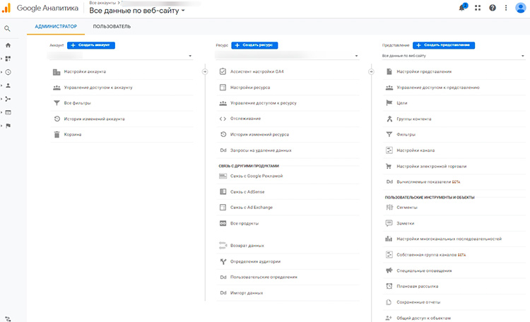 Административная панель Google Analytics