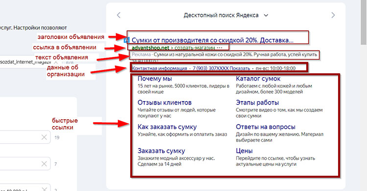 Пример готового объявления в Яндекс.Директ