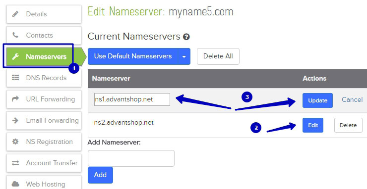 Далее, переходим в пункт меню "Nameservers" (1) и в таблице "Nameservers" указываем новые NS записи, каждая запись указывается отдельно, точку в конце ставить не нужно.
