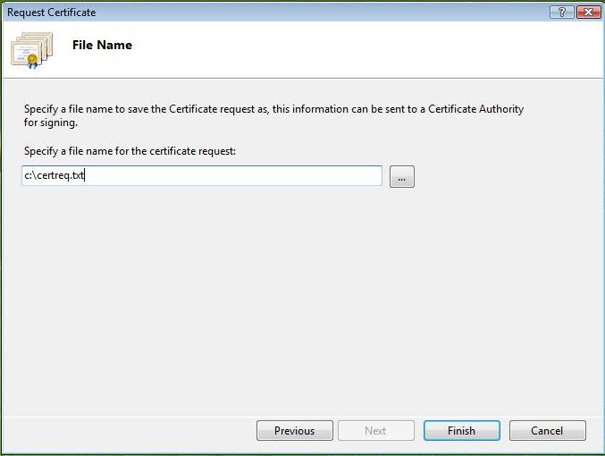 Введите имя файла и его месторасположение, чтобы сохранить Ваш CSR. Вам понадобится этот CSR для регистрации Вашего IIS SSL сертификата. 